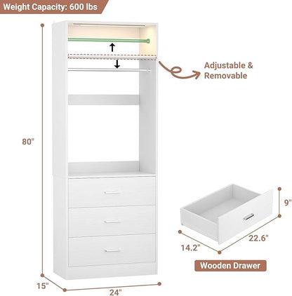 4FT Closet System with 2 Motion Sensor Lights, 48" Closet Organizer with 6 Drawers, Closet Systems with 2 Hanging Rods & 2 Shelves, Heavy Duty 48 Inch Walk-in Closets, White