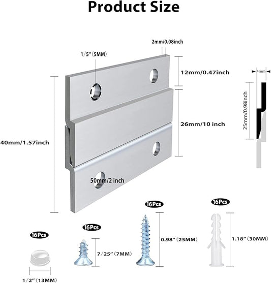 French Cleat Picture Hanger 2 Inches Aluminum Z Hanger Supports 30lbs - Interlocking Wall Mounting Bracket Hardware Kit for Hanging Mirrors, Picture, Shelf, Whiteboard, Art, Frames (2"-8Pairs)