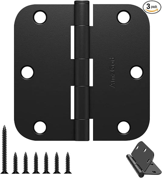 Door Hinges Matte Black - 3 Pack Black Door Hinges 3.5 Inch Rounded Interior Door Hinge with 5/8" Radius Corners - Black Hinges for Doors 3 1/2 Inches Flat Iron Residential Door Hardware