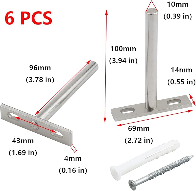 Antrader 6Pcs Floating Shelf Brackets 4" Concealed Blind Shelf Support for Mounting Wood Shelves, Expansion Screws Included