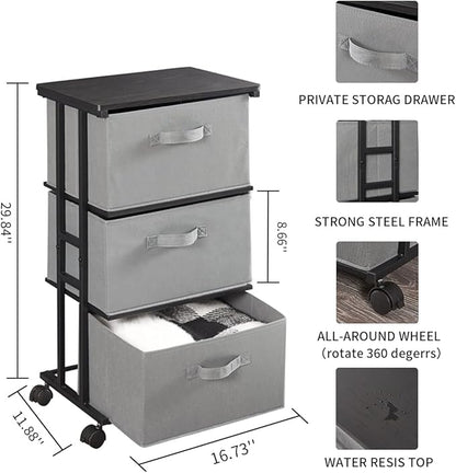 MAX Houser Dresser Tower with 3 Drawers for Bedroom, Fabric Storage Organizer Unit, Chest of Drawers with with WoodTop, Small Vertical Storage for Guest Room, Closet, Entryway, Nursery (Grey)