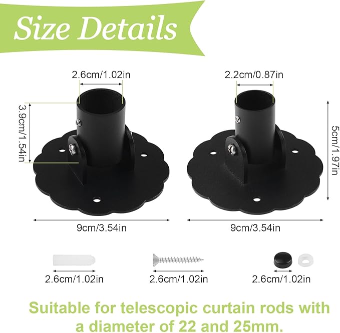 Flower-Shape Shower Curtain Rod Bracket, 2Pcs Telescopic Metal Shower Drape Rod Swivel Flange Curtain Pole Wall-Mount Bracket (Black, 22mm & 26mm)
