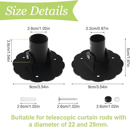 Flower-Shape Shower Curtain Rod Bracket, 2Pcs Telescopic Metal Shower Drape Rod Swivel Flange Curtain Pole Wall-Mount Bracket (Black, 22mm & 26mm)