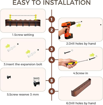 Wall Coat Rack Floating Shelves Modern Coat Rack Wall Mount with Storage Entryway Shelf Wooden Hanger 20 Inch 4 Hidden Metal Hooks for Living Room Bedroom (Wavy Walnut Color, 8 Hooks)