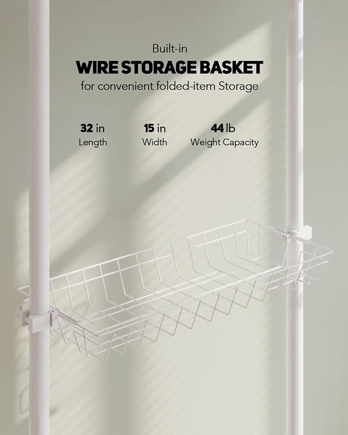 Floor-to-Ceiling Clothing Rack with 2 Wire Storage Baskets, 4 Hanging Rods, Adjustable Tension Closet Organizer for Bedroom, Walk-In Closet, Laundry Room, 4-Pole, White