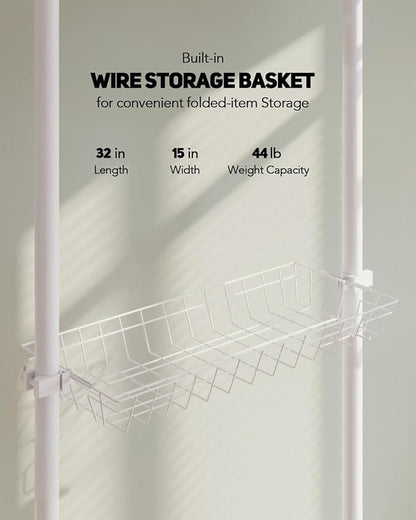 Floor-to-Ceiling Clothing Rack with 2 Wire Storage Baskets, 4 Hanging Rods, Adjustable Tension Closet Organizer for Bedroom, Walk-In Closet, Laundry Room, 4-Pole, White