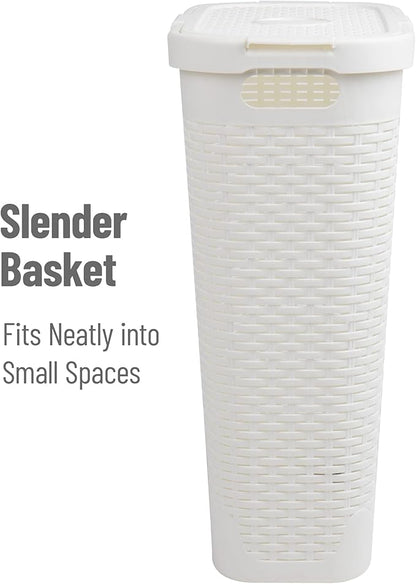 Mind Reader Slim Laundry Hamper with Lid, 40L Clothes Basket, Premium Wicker Design, Plastic, White
