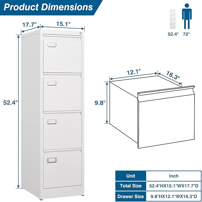 4-Drawer File Cabinet, 16.3" Deep Vertical Filing Cabinet with Lock, Metal File Cabinet for Home Office, Anti-Tip 4 Storage Drawers for Letter/Legal/A4/F4 Size (Assemble Required, White)