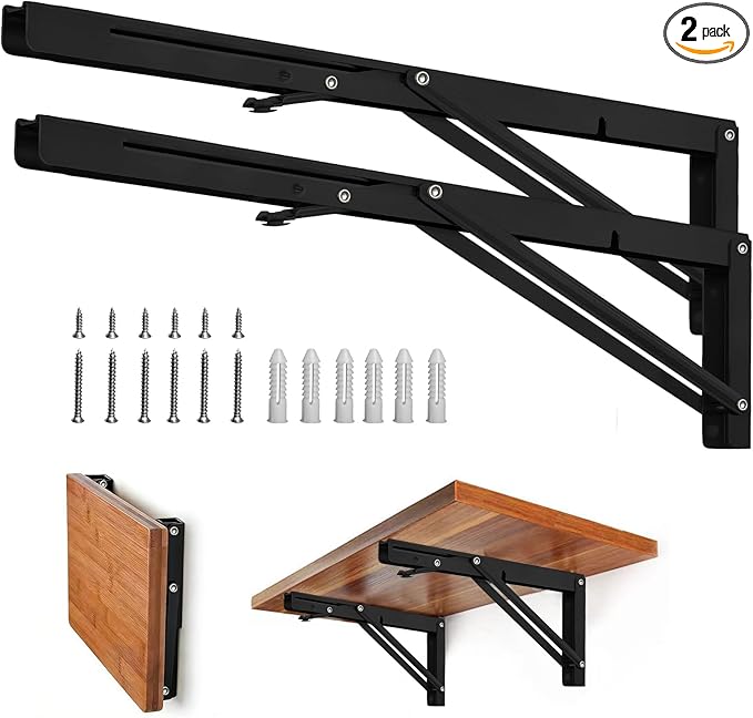 Folding Shelf Brackets - Heavy Duty Metal Collapsible Shelf Bracket for Bench Table, Shelf Hinge Wall Mounted Space Saving DIY Bracket, Max Load: 150 lb (24 Inch, Black)
