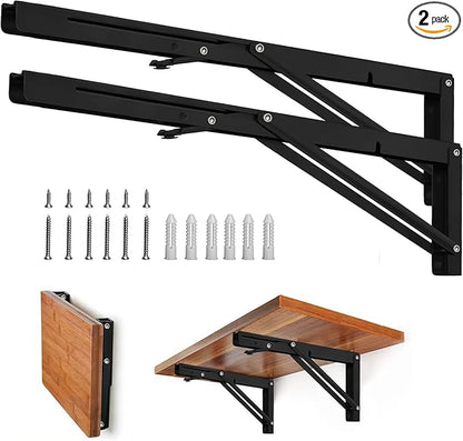Folding Shelf Brackets - Heavy Duty Metal Collapsible Shelf Bracket for Bench Table, Shelf Hinge Wall Mounted Space Saving DIY Bracket, Max Load: 150 lb (24 Inch, Black)