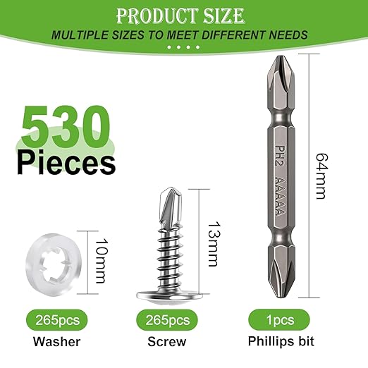 mxuteuk 530PCS #8×1/2" Self Tapping Screws,Self Drilling Screws for Metal,410 Stainless Steel Phillips Modified Truss Head Self Tapping Screw for Metal,Plastic,Wood(265pcs Silver Screw+265pcs Washer)
