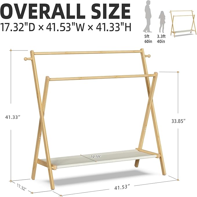 Kids Clothing Rack With Storage Shelf & Double Rods, Foldable Dress Up Clothes Rack for Toddler Nursery, Child's Room, 100% Natural Bamboo (Large Size)
