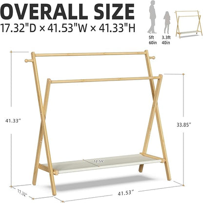 Kids Clothing Rack With Storage Shelf & Double Rods, Foldable Dress Up Clothes Rack for Toddler Nursery, Child's Room, 100% Natural Bamboo (Large Size)