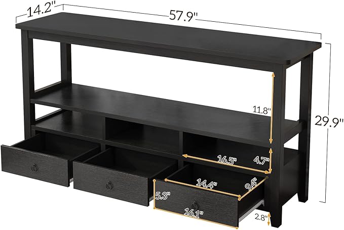VINGLI 58" Console Table, Long Entryway Table with 3 Drawers & 2 Storage Shelves, Vintage Sofa Table Behind Couch, TV Stands for Living Room, Entryway, Hallway, Foyer, Office, Black