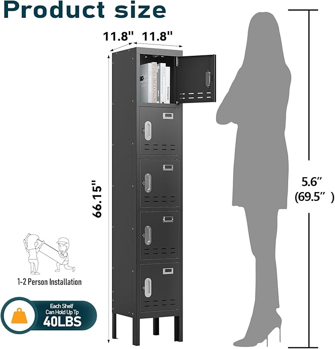 Metal Storage Locker with Lock & Card Slot Locker - Secure Lockable Door - Steel Locker for School, Office, Gym, Home - 66.15" H x 11.8" W x 11.8" D（5 Door, Black）