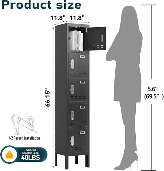 Metal Storage Locker with Lock & Card Slot Locker - Secure Lockable Door - Steel Locker for School, Office, Gym, Home - 66.15" H x 11.8" W x 11.8" D（5 Door, Black）