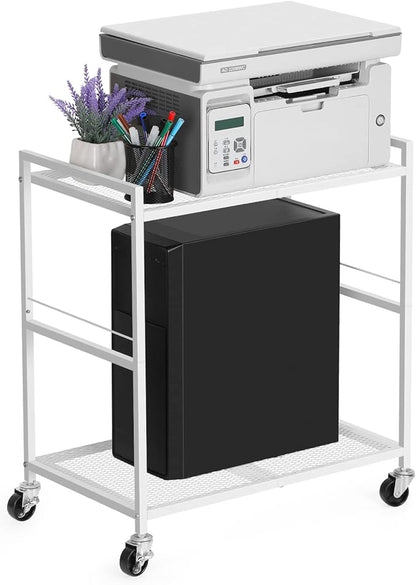OYEAL Computer Tower Stand, PC Tower Stand Metal Rolling Cart Holds up to 40lbs, 2 Tier Mobile Printer Stand with Storage Under Desk for Home & Office, White