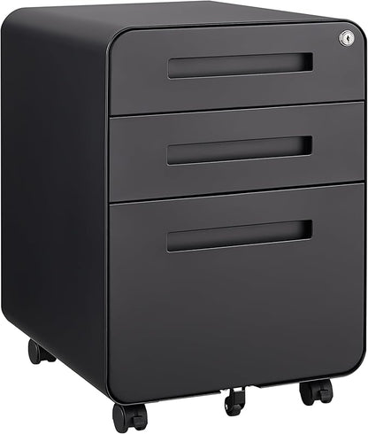 GarveeHome 3 Drawer Mobile File Cabinet with Lock, Under Desk Metal Filing Cabinet for Home Office, Under Desk Storage with 5 Wheels for A4/Letter/Legal Size, Fully Assembled