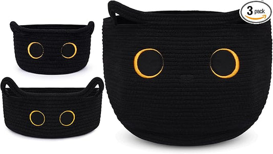 3Pack Black Cat Cute Storage Basket Set for Nursery- Small, Oval, Large Woven Gift Basket, Rope Cotton Bins with Lover Handles, Baby Laundry 0rganizer Shower Towel Blanket Clothes (9/12/15In)