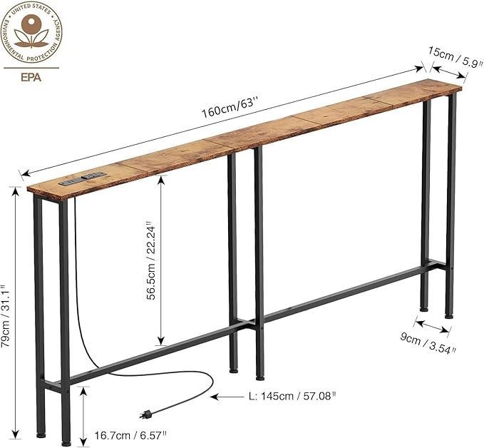 63" Sofa Table Narrow Long - Power Outlets & 2 USB Ports, Metal Frame,Behind Couch Table Behind Sofa for Living Room, Hallway, Entrance- Easy Assembly, 4.9' Extension Cord Included.