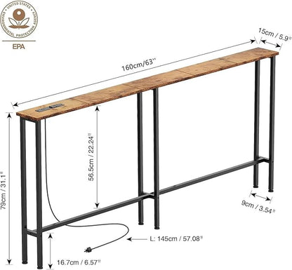 63" Sofa Table Narrow Long - Power Outlets & 2 USB Ports, Metal Frame,Behind Couch Table Behind Sofa for Living Room, Hallway, Entrance- Easy Assembly, 4.9' Extension Cord Included.