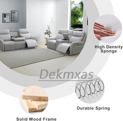 Power Recliner Sofa Set, Living Room Furniture Set, 2-Piece Sliver Grey Breathing Leather Reclining Sofa Loveseat with LED Light/Cup Holder/Storage Console/Drop-Down Table for Apartment/Office