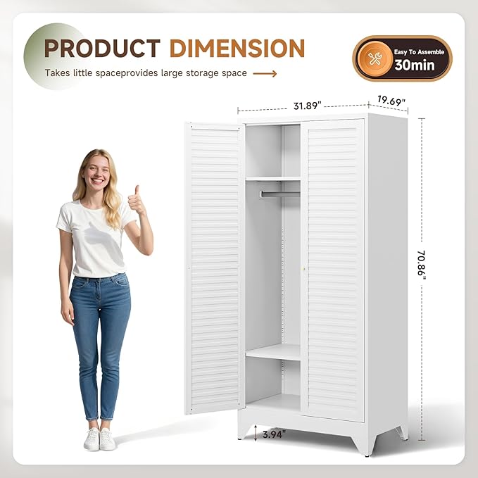 Letaya Metal Wardrobe Cabinets,71" Tall Armoire Wardrobe Closet with Fluted Doors and Shelves,Large Coat Closet Cabinet with Hanging Rod,Clothing Storage Cabinets for Home Room (White)