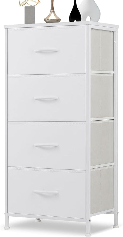 DUMOS Dresser for Bedroom, 4 Storage Drawers, Tall Fabric Closet Chests Organizer Tower Furniture with Wooden Top Metal Frame for Clothes, Living Room, Hallway, Entryway