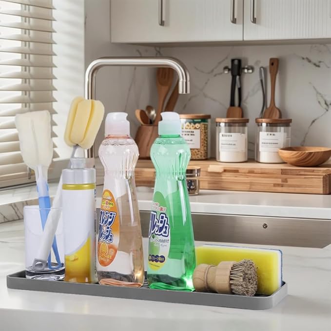 Silicone Organizer Tray for Kitchen Sinks and Bathrooms. Dishwasher-Safe, Non-Slip Countertop Tray, Bathroom Drawer Organizer Trays. Perfect for Makeup & Trinkets (Gray L 1PC)