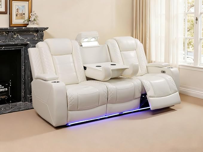 3 Seat Recliner Sofa for Living Room,Living Room Furniture Sets Recling Couch with LED,Soft Creamy White Leather Power Reclining Sofa with Cup Holders,Storage,Breathing Leather for Home/Office