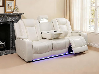 3 Seat Recliner Sofa for Living Room,Living Room Furniture Sets Recling Couch with LED,Soft Creamy White Leather Power Reclining Sofa with Cup Holders,Storage,Breathing Leather for Home/Office