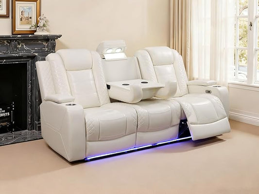 3 Seat Recliner Sofa for Living Room,Living Room Furniture Sets Recling Couch with LED,Soft Creamy White Leather Power Reclining Sofa with Cup Holders,Storage,Breathing Leather for Home/Office