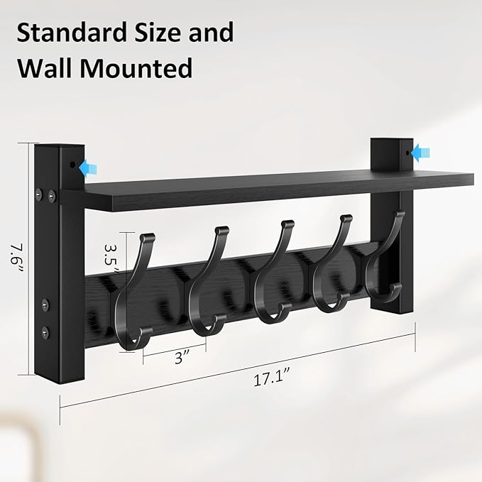 Coat Rack Wall Mount with Shelf, 17.1 Inch Coat Hanger Walls Mounted, Hat Rack for Walls, Shelf with 5 Coat Hooks, Wall Hanger for Entryway (Black)