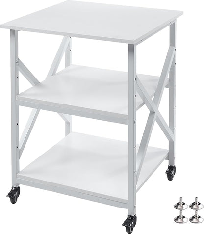 Large Printer Stand with Height Adjustable Storage Shelf, 23.6 x 23.6 Inches Square Printer Table with Industrial Wheels, Multi-use 3 Tier Rolling Printer Cart for Home Office - White