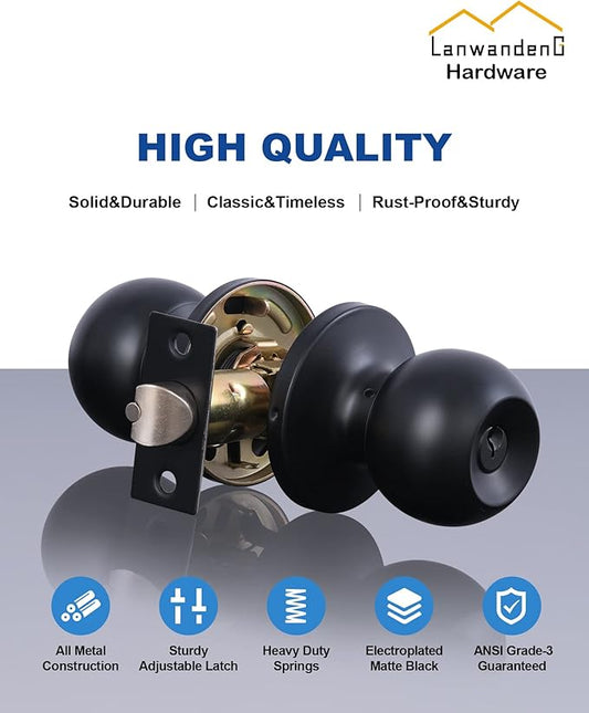 Lanwandeng 2 Pack Entry Door Knobs with Lock and Keys All Alike, Interior/Exterior Door Knob for Bedroom or Bathroom, Entrance Matte Black Door Locks