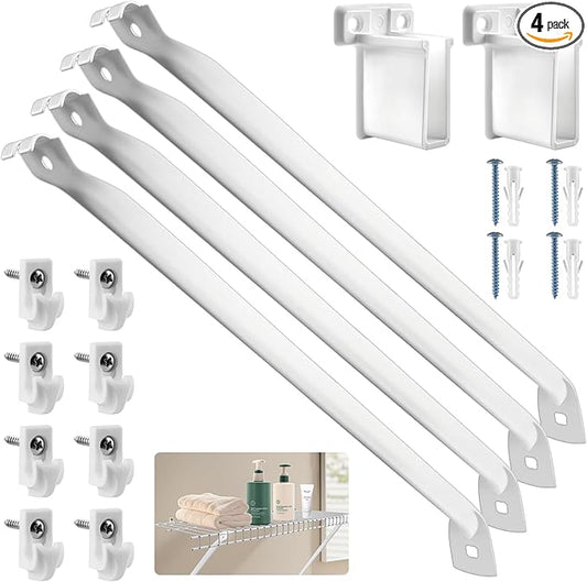 12 Inch Wire Shelf Brackets Set, 4 Pack Metal White Closet Support Bracket with End Brackets & Clips for Wire Shelving Wall Bracket Installation, Support Wire Closet Shelves Racks(4 Pack)