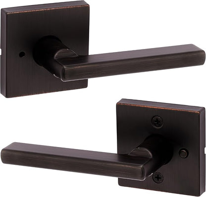 Kwikset Halifax Interior Privacy Door Handle with Lock, Door Lever For Bathroom and Bedroom, Venetian Bronze Reversible Keyless Push Button Lock Door Lever, with Microban Protection, Square Rose