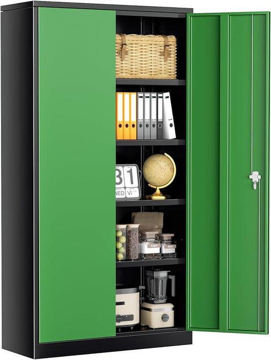SUNCROWN 72" Metal Storage Cabinet - Heavy-Duty Metal Garage Cabinet with 4 Adjustable Shelves & 2 Doors for Tools, Office, Home, Workshop,Black & Green