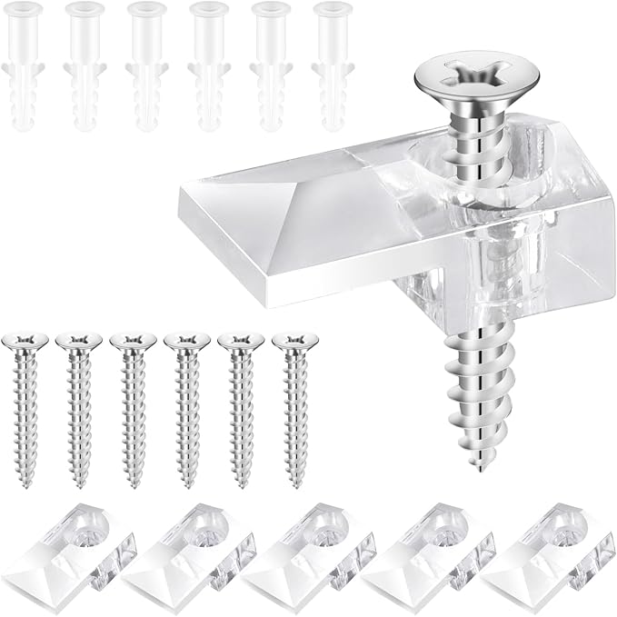 Mirror Holder Clips - 30 Sets of Mirror Mounting Hardware with Screw for Fixing Mirror Cabinet Box Door, Clear Plastic Mirror Hanging Hardware