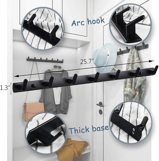Wall Mounted Coat Racks with 7 Hooks Hanging Holder Towel Rack 25.7"x1.3" Modern Black Hanging for Clothes Entryway Bathroom (7 Hooks(2 Packs))