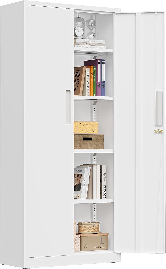 Greenvelly Metal Cabinet, 63”Tall Kitchen Pantry Storage Cabinets with 2 Lock Doors and 4 Adjustable Shelves,Grey White Kitchen Cabinet Storage for Dinning Room,Garage,Office