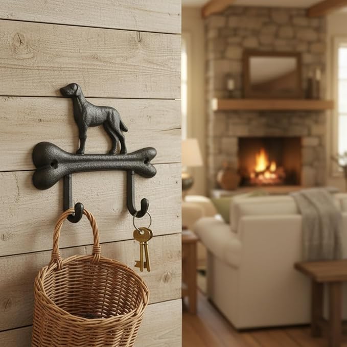 Comfy Hour 7" Heavy Duty Cast Iron Dog Wall Hook, Decorative Dog on Bone Double Key Holder for Wall, Rustic Animal Coat Hanger for Entryway, Mudroom & Nursery, Dog Lovers Gift, Antique Black