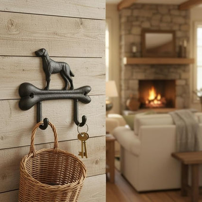 Comfy Hour 7" Heavy Duty Cast Iron Dog Wall Hook, Decorative Dog on Bone Double Key Holder for Wall, Rustic Animal Coat Hanger for Entryway, Mudroom & Nursery, Dog Lovers Gift, Antique Black