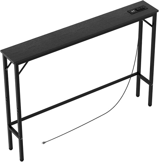 Aduanbang 5.9" Console Table with Outlet – Narrow Sofa Table, Behind Couch Table for Living Room & Hallway, 5.9" x 39.4" x 30", Metal Frame, Rustic Brown
