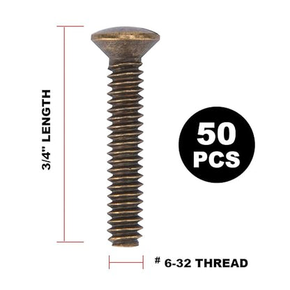 Henne Bery 3/4" Long 6-32 Thread, Oval Head Milled Slot Replacement Wall Plate Screws, 50 Pack, Antique Brass