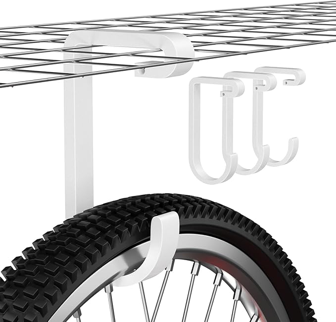 Thickened Hooks for Overhead Storage Racks,Garage Hooks for Ceiling,Add-On Storage Hook for Garage Ceiling Rack Wall Shelving,Heavy Duty Hanging Bike Hooks, Bike Hangers Bicycle Hooks 4 Pack, White