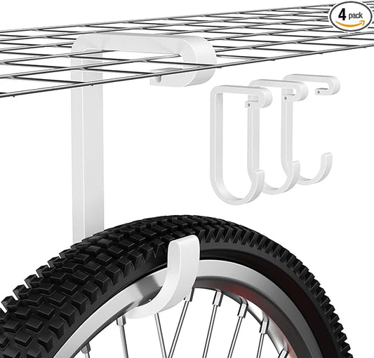 Thickened Hooks for Overhead Storage Racks,Garage Hooks for Ceiling,Add-On Storage Hook for Garage Ceiling Rack Wall Shelving,Heavy Duty Hanging Bike Hooks, Bike Hangers Bicycle Hooks 4 Pack, White
