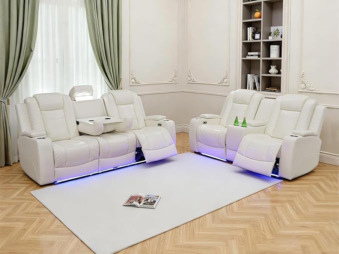 Living Room Furniture Sets with LED, Power Reclining Couch Set for Living Room, Include 1 Loveseat, 3 Seat Sofa, Modern Creamy White Leather Recliner Sofa Furniture Set for Home and Office
