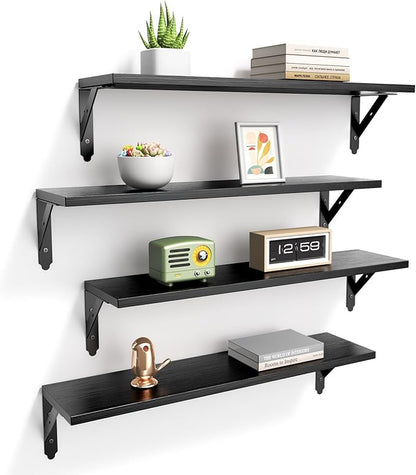 Wood Floating Shelves Set of 4, Rustic Storage Decor Wall Shelves, Wall Mounted Shelf for Living Room, Bedroom 23.6" x 6", Black