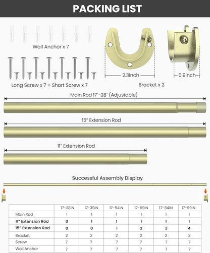 Closet Rods for Hanging Clothes, 17 to 39 Inches Stepless Adjustable Metal Closet Rod, 1.3 Inches Heavy Duty Clothes Hanging Rod for Closet Wardrobes Laundry RV, Verdant Gold